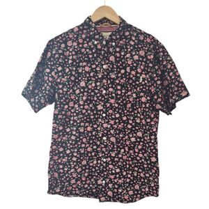 Dravus Button Down Shirt Floral Rose Print Black Pink Sz L Short Sleeve Casual